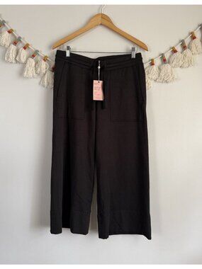Quince Supersoft Fleece Cropped Wide Leg Pants Black Loungewear Relaxed NWT M